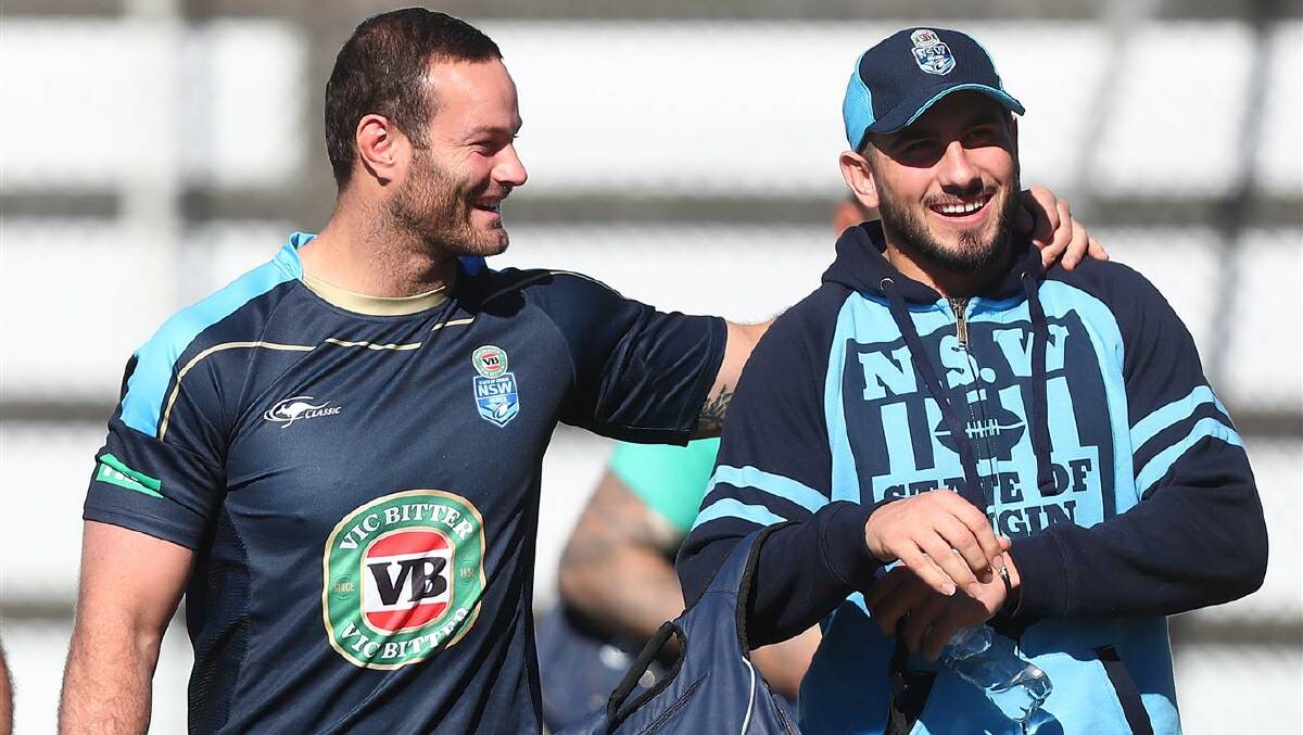 Boyd Cordner and Jack Bird arrive a New South Wales Blues State of Origin training session at Kingscliff. Photo: Getty Images