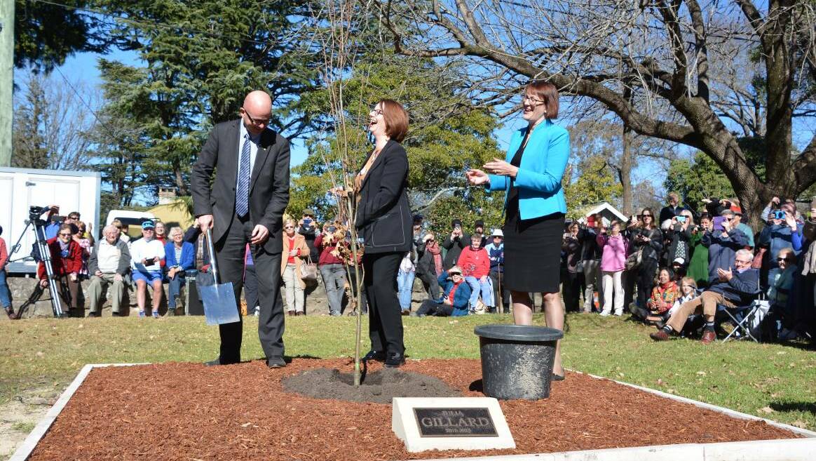 Blue Mountains mayor Mark Greenhill, former prime minister Julia Gillard and Federal Member for Macquarie Susan Templeman at the tree planting ceremony in Faulconbridge.
