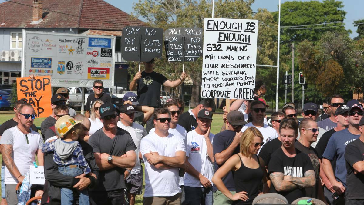 Appin Colliery contractors, their families, supporters and state politicians took part in a union-led protest at Appin Park on Thursday morning, rallying against the ongoing wage gap between permanent and contract mine workers. Picture: Robert Peet