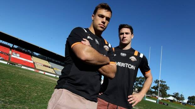 On the rise: Wests Tigers halves Luke Brooks and Mitchell Moses. Photo: Ben Rushton