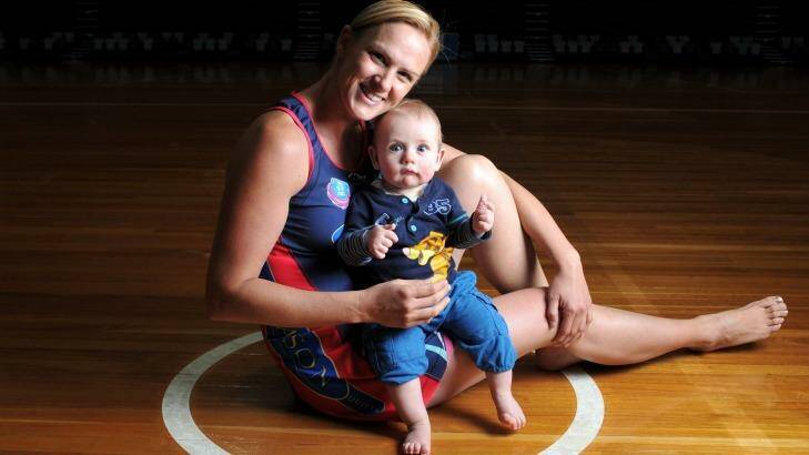 Sharelle McMahon, now retired, with son Xavier, is the only Australian mum to have played in the ANZ Championship Photo: Wayne Taylor WMT