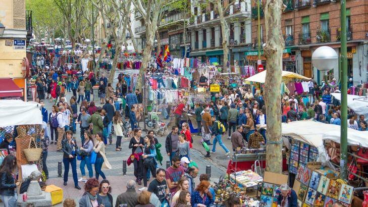 The hugely popular El Rastro Sunday flea market in central Madrid.