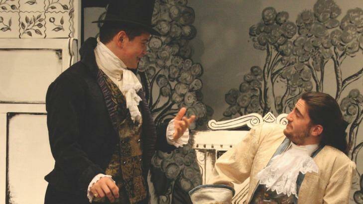 George Pulley (Charles Marlow), left, and Teig Sadhana (George Hastings) in the Canberra Repertory Society's She Stoops to Conquer. Photo: Helen Drum