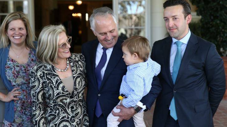 Malcolm Turnbull with wife Lucy, daughter Daisy and son-in-law James Brown at Government House last year. Sally Cray is close to the family. Photo: Andrew Meares