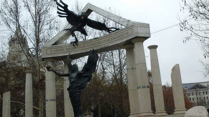 A monument erected by the Orban government with the German eagle swooping down on innocent Hungary. Photo: Helen Womack