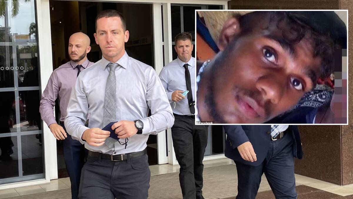 Zachary Rolfe, front, leaves the Darwin Supreme Court with supporters on the third day of his trial, and Kumanjayi Walker, inset,was involved in a violent incident with police three days before his death. Pictures: Sarah Matthews and Facebook