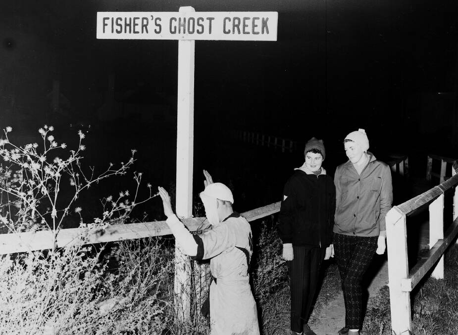 GHOST SPOTTING: Young people at Fisher's Ghost Bridge back in the 1950s (when it was still a bridge over a creek, not a road over a drainage culvert). 'Fred' sightings are not uncommon at that end of Queen Street.