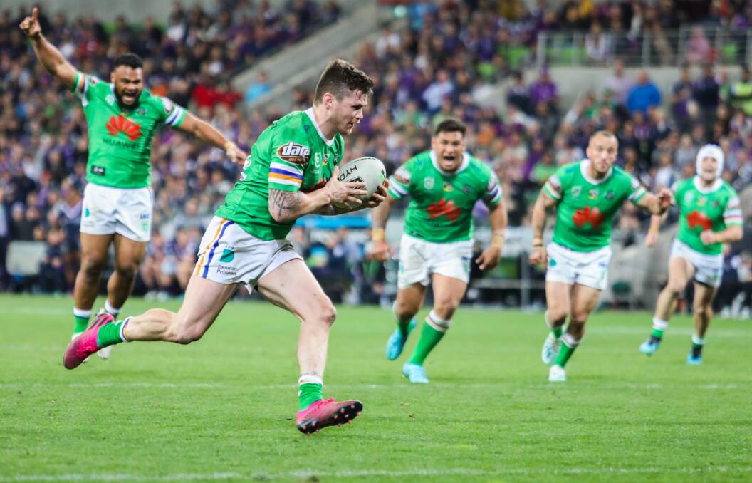 HAPPIER TIMES: John Bateman dashes away to score a try against the Storm during last year's qualifying final. Picture: Asanka Brendon Ratnayake/NRL Imagery