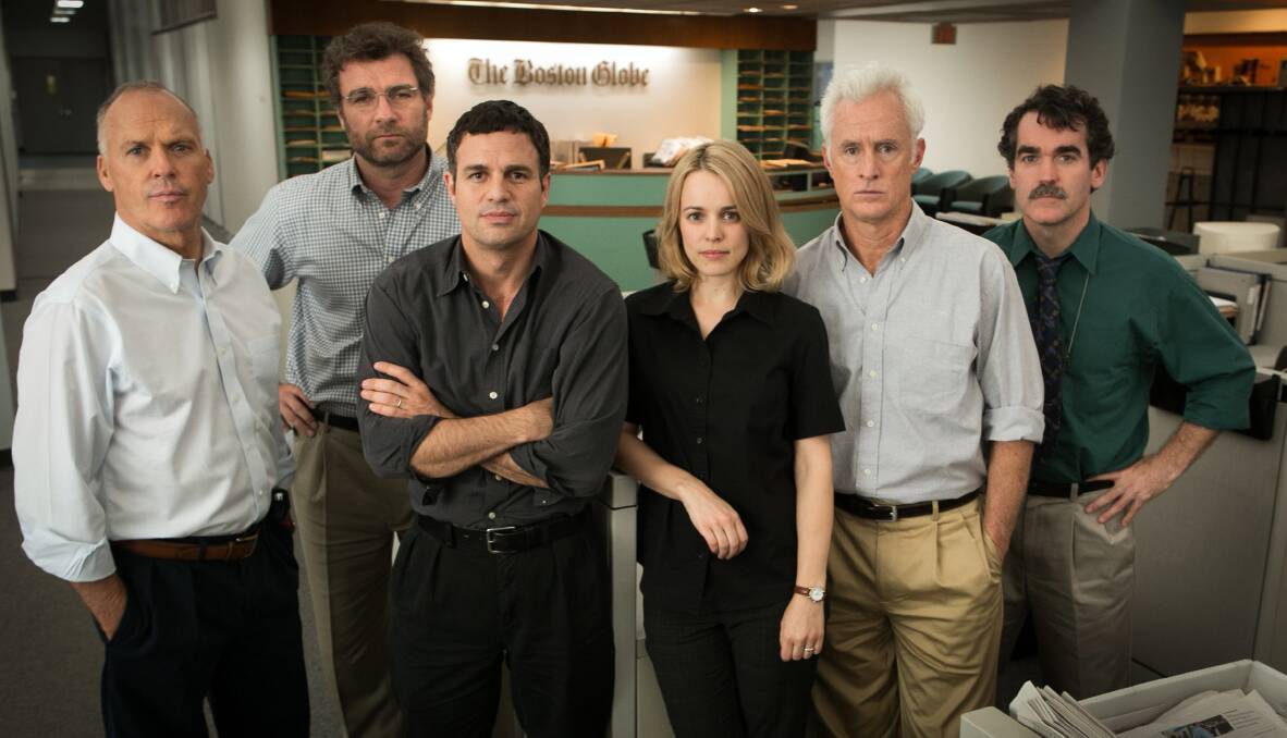 Stellar cast: Both Mark Ruffalo and Rachel McAdams (at centre) have earned Academy Award nominations for their performances. Also pictured from left is Michael Keaton, Liev Schreiber, John Slattery and Brian d'Arcy James.