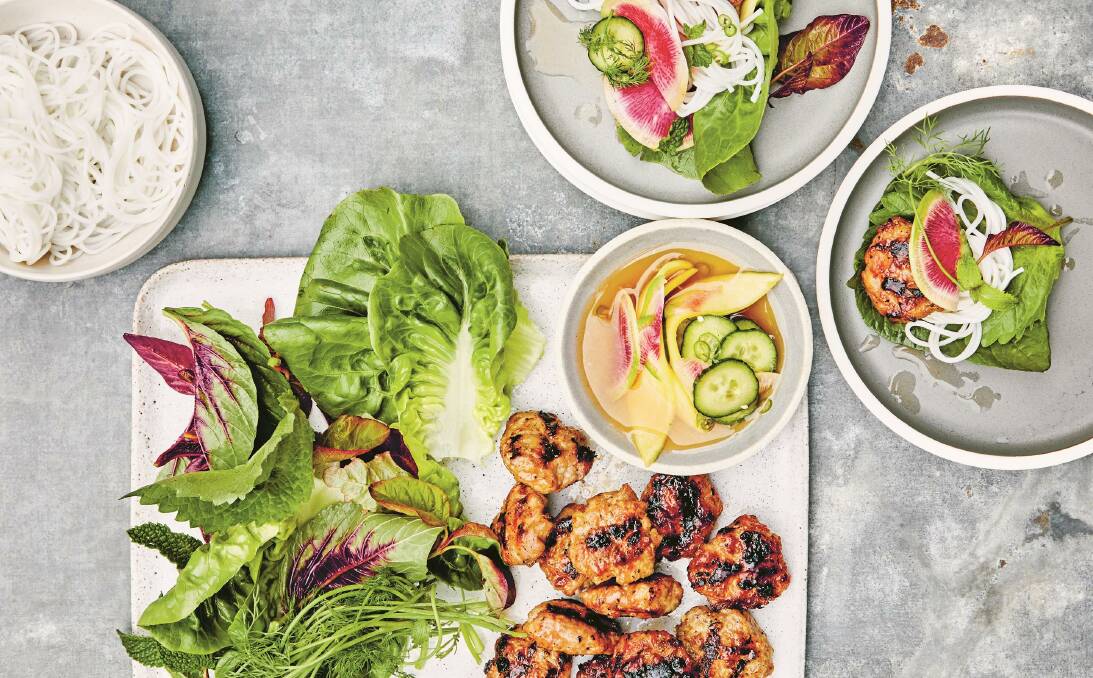 Grilled meatballs with lettuce wraps. Picture: Con Poulos