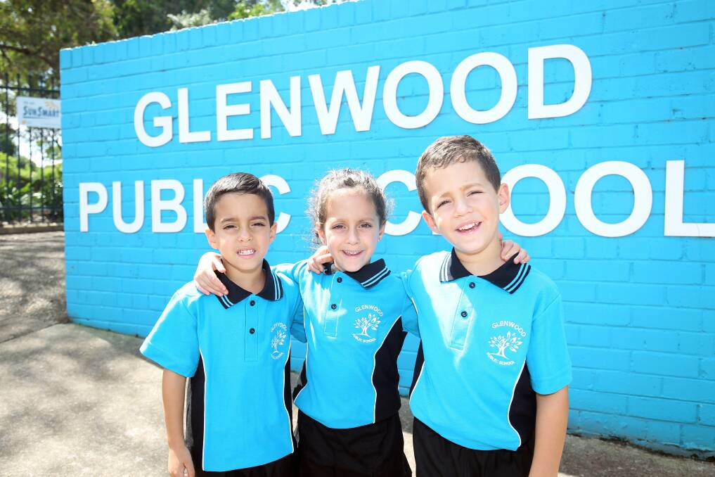 Triplets Adam, Alma and Ali Hasan are ready to start school at Glenwood Public School next week. Picture: Chris Lane