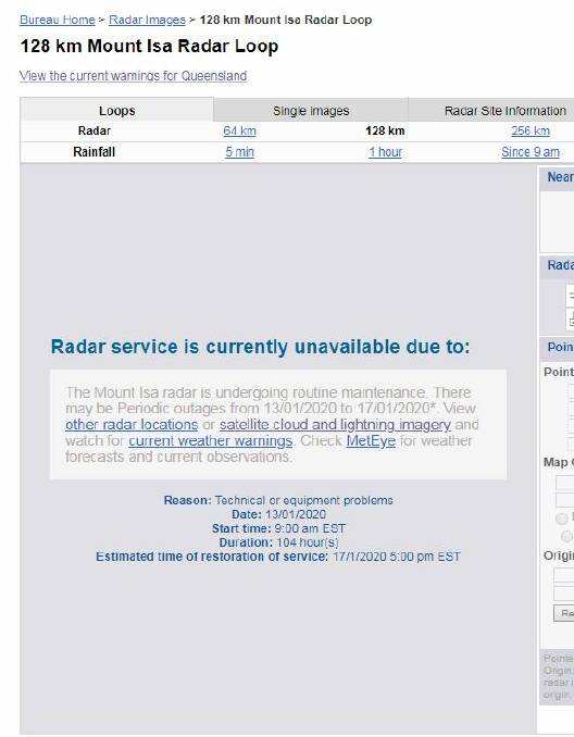 The Mount Isa radar loop is unavailable on Monday January 13.