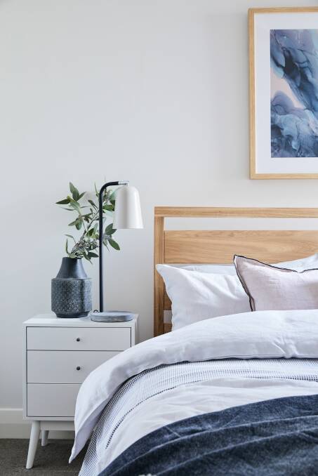 COMBINING STYLES: Pops of soft blush and navy reflect a Scandinavian look, while hints of grey and timber are a nod to urban modern trends. Photos: Hannah Caldwell              
