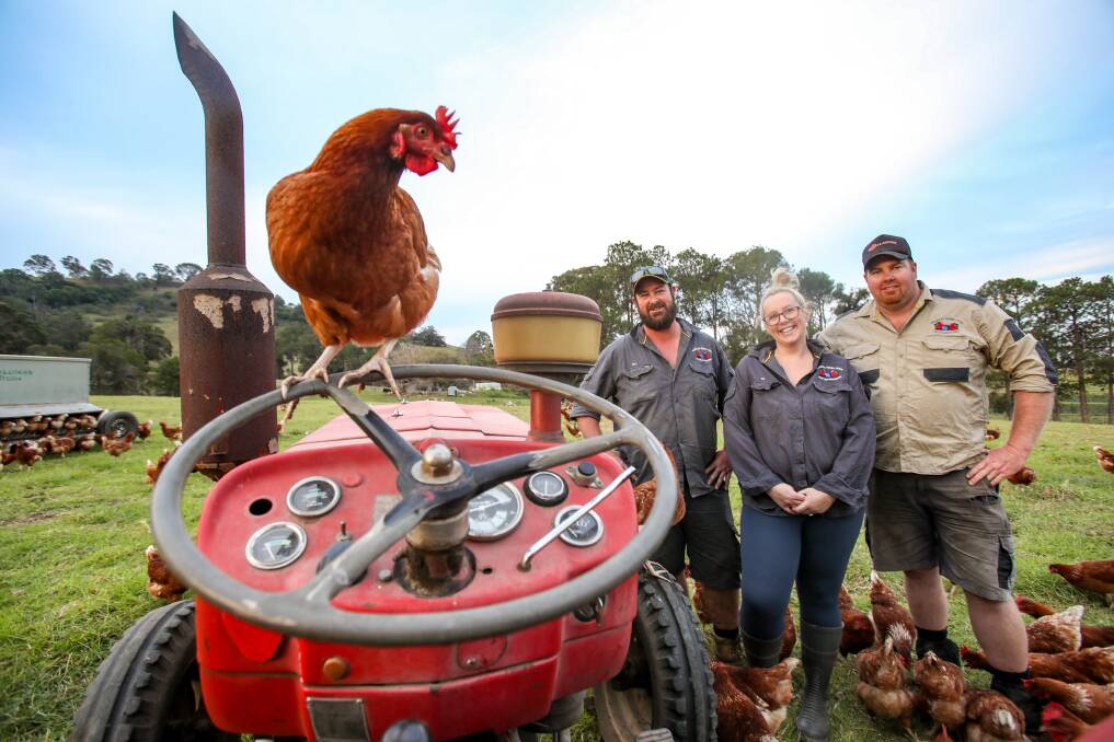 Will East, Emily Frost and Josh East have introduced a pasture-raised egg business at Kareelah Berry Farm. Pictures: Adam McLean 