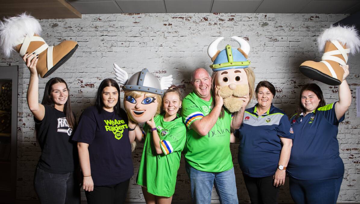 From left: Emily and Jessica Wood, fellow mascot Emily Gageldonk (Velda the Valkyrie), Tony Wood (Victor the Viking), and Sally and Isabel Wood. Picture: Jamila Toderas
