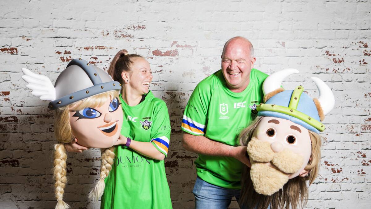 Canberra Raiders mascots Emily Gageldonk (Velda the Valkyrie), and Tony Wood (Victor the Viking). Picture: Jamila Toderas