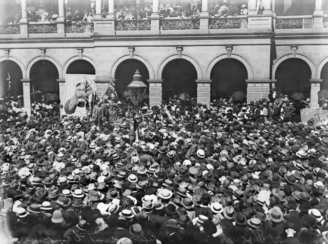 Prime Minister Billy Hughes speaking to a large crowd during the conscription referendum campaign. Picture: Courtesy of the Australian War Memorial