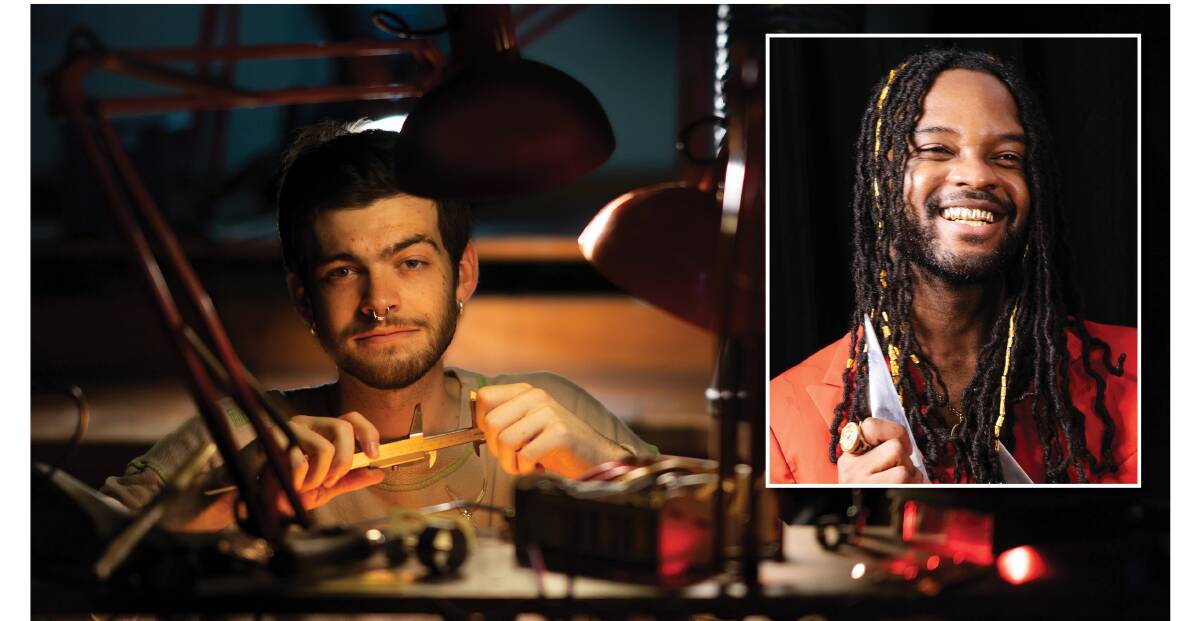 ANU student Jonathon Zalakos made the grill worn by hip hop artist Genesis Owusu (inset). Pictures: Tracey Nearmy, Supplied