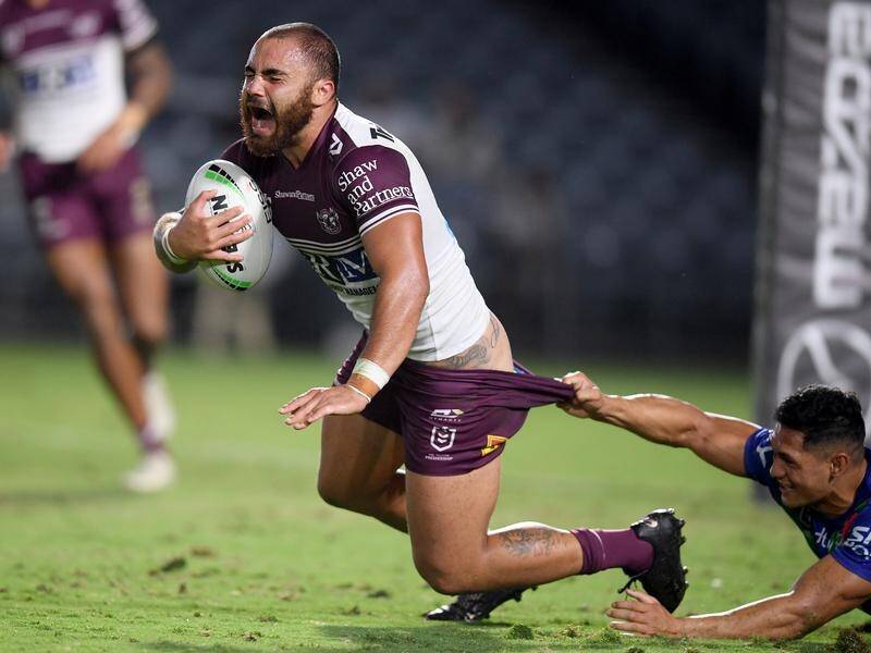 Manly's Dylan Walker suffered a hamstring injury in Roger Tuivasa-Scheck's desperate tackle.