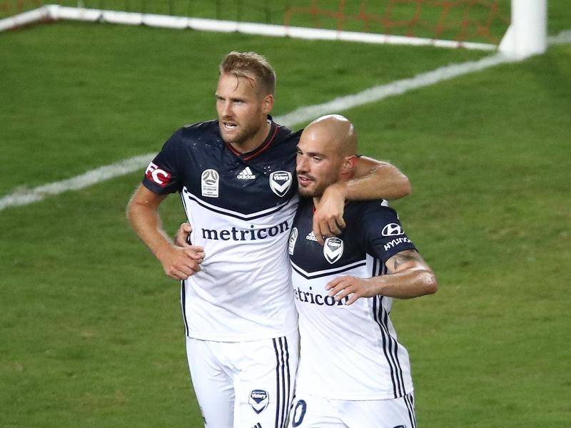 Ola Toivonen (left) became the first Victory player to score in five straight A-League games.