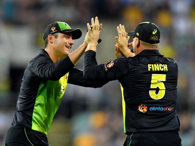 Marcus Stoinis (left) is hailed by Aaron Finch after dismissing India's Rohit Sharma.