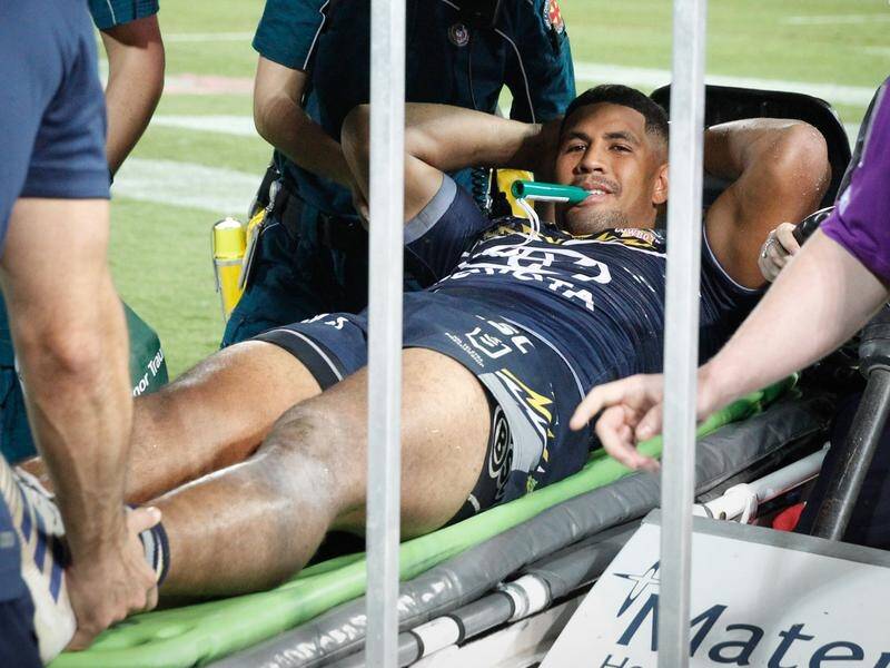 Nene Macdonald is stretchered off the field during the Cowboys' loss against the Storm.