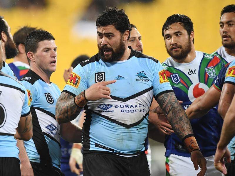 Cronulla's Andrew Fifita pleads his innocence during his side's loss to the Warriors.