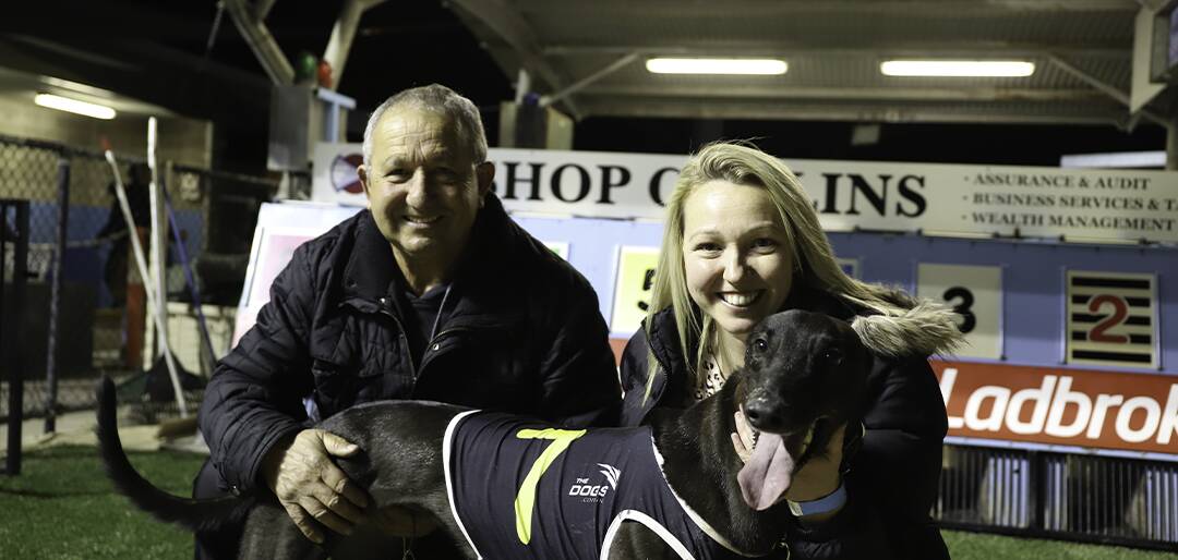 TOP DOG: Sam and Kristy Sultana with Flying Ricciardo, who has been named Greyhound of the Year for 2020. Picture: GRNSW