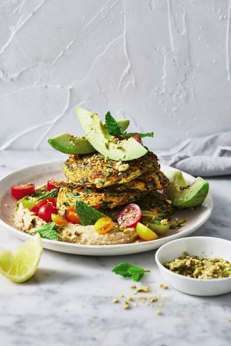 Rainbow veggie rosti with avocado, tomatoes and dukkah. Picture: Rob Palmer