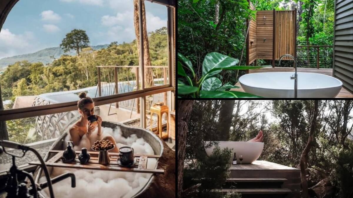 GLAMOUR: Peek into the world's most glamorous outdoor bathrooms, pictured (clockwise from left) Keemala - Phuket in Thailand; Bedarra Island Resort; and Pumphouse Point, Tasmania. Pictures: Instagram