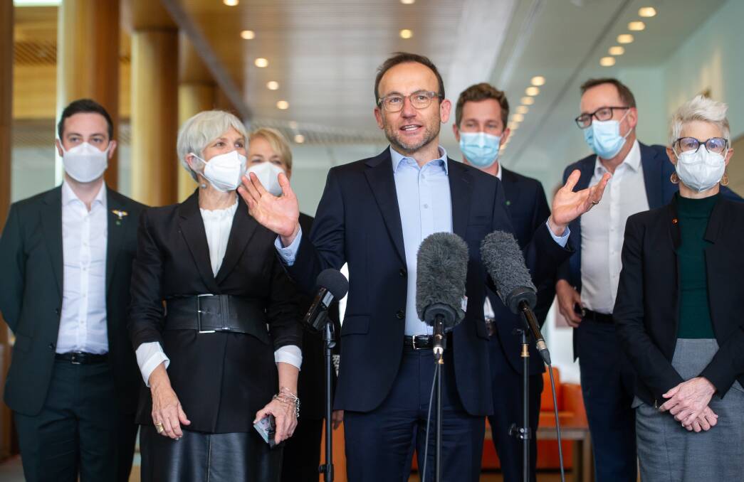 Greens leader Adam Bandt and his expanded party room. Picture: Elesa Kurtz